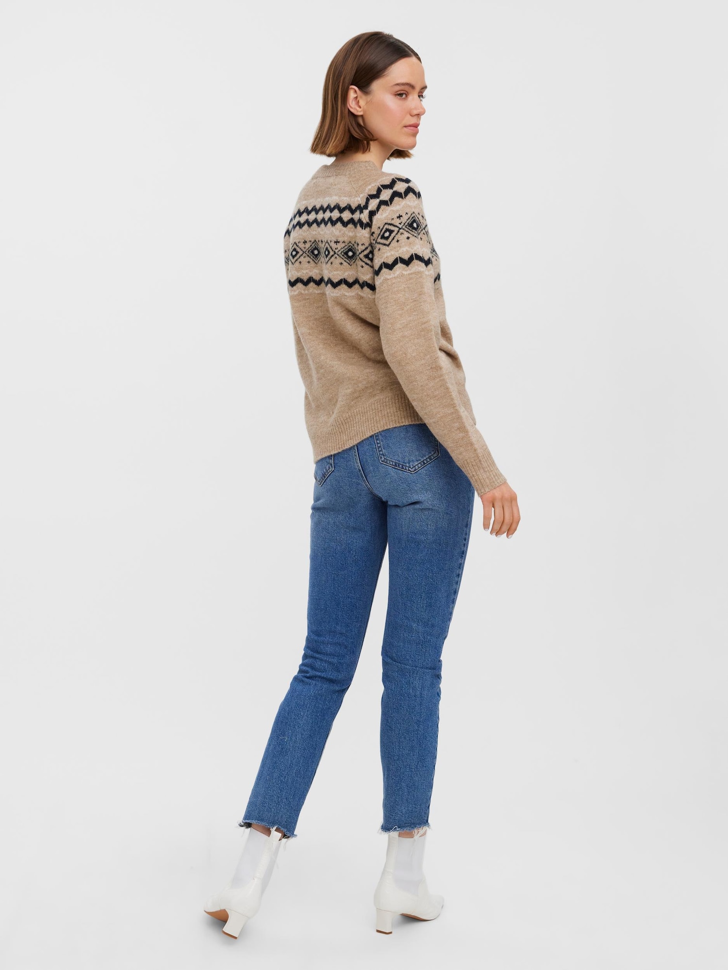 VERO MODA Pulover 'Fifi Fairisle'  pikčasto rjava / črna / volneno bela