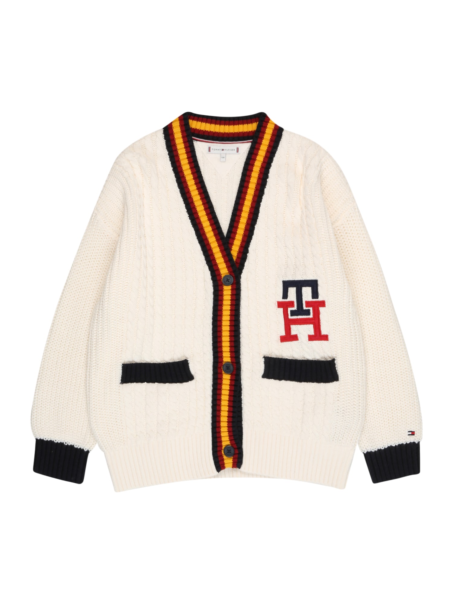 TOMMY HILFIGER Pletena jopa  zlata / rdeča / črna / bela